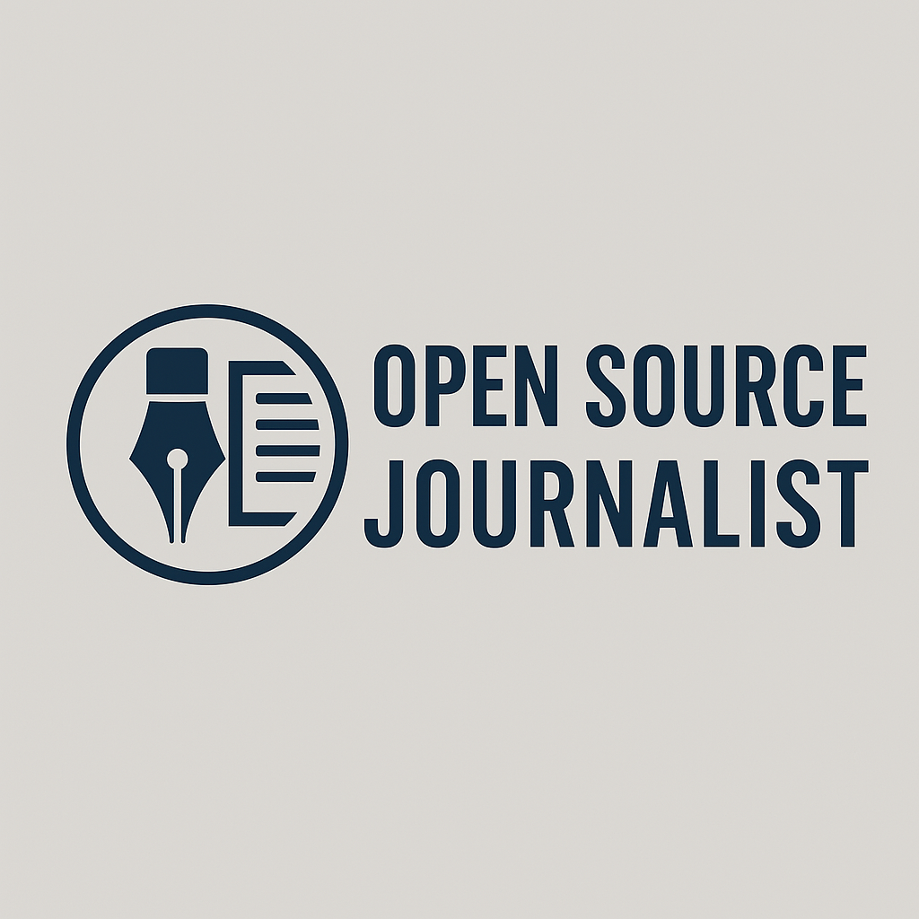 Open Source Journalist logo in grey with stylized quill and typeface