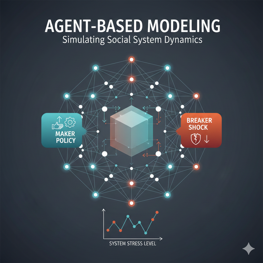Agent-Based Modeling (ABM) diagram showing social network dynamics, illustrating the impact of a 'Maker Policy' (blue) and 'Breaker Shock' (orange) on a central system cube and a System Stress Level chart.