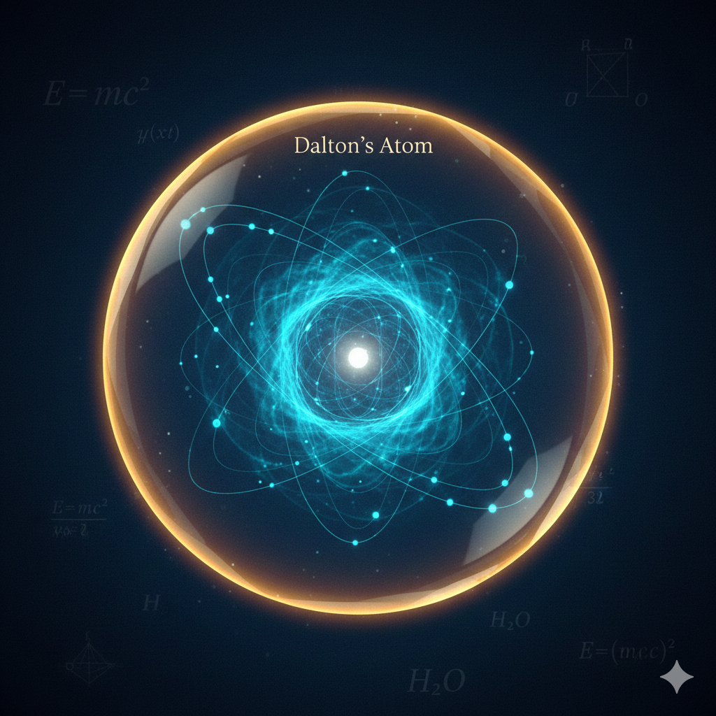 Dalton's Atomi: Conceptual illustration of Dalton’s atomic model as a translucent sphere containing modern quantum orbitals, representing scientific localization.