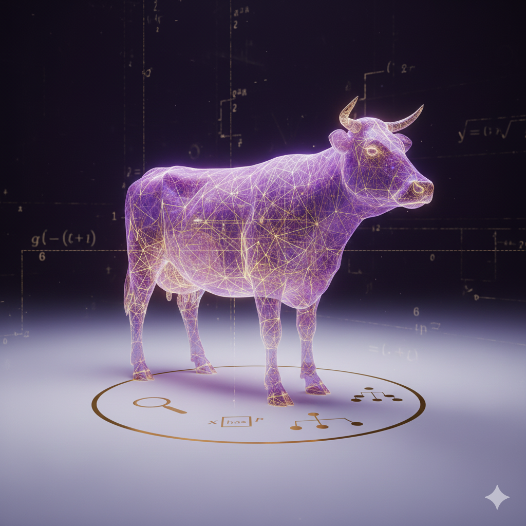 A surreal purple cow silhouette filled with geometric logic grids and mathematical symbols representing invariant structure.