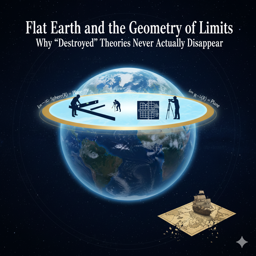 A large sphere representing Earth with a small tangent plane and a spirit level, illustrating how curvature limits to flatness at a local scale.